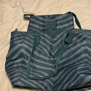 Coach Teal Zebra-Print Tote with Matching Pouch